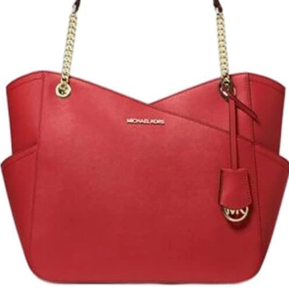 MICHAEL KORS LARGE , CHAIN SHOULDER TOTE BAG , RED COLOR, SAFFIANO LEATHER